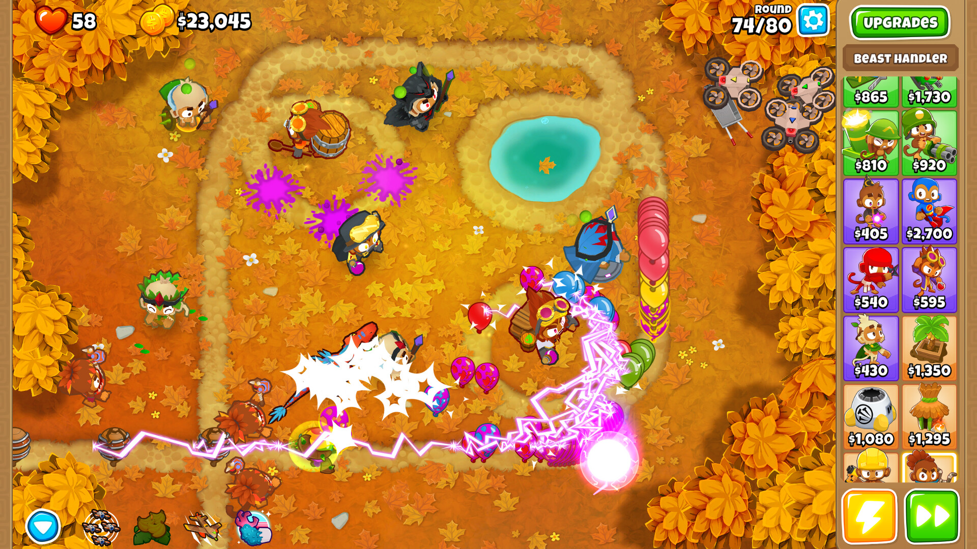 Bloons TD 6 upgrade panel open on an autumn map